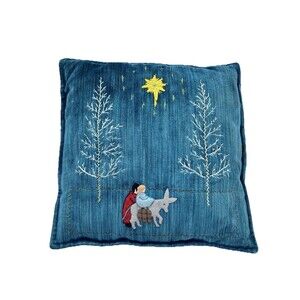Vintage Christmas Holiday Nativity Scene Throw Pillow Velvet Blue Golden Star